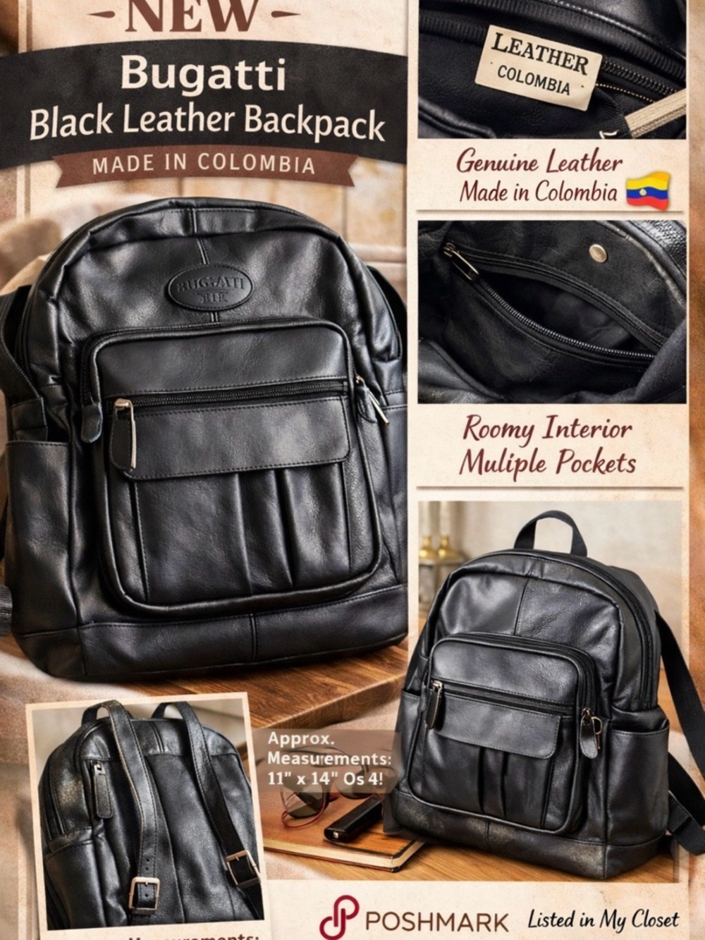 Bugatti Black Leather Backpack with Front Pocket